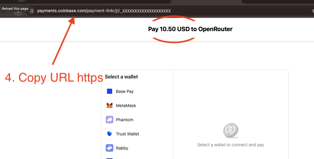 Copy the Coinbase payment link URL, then confirm the amount to pay